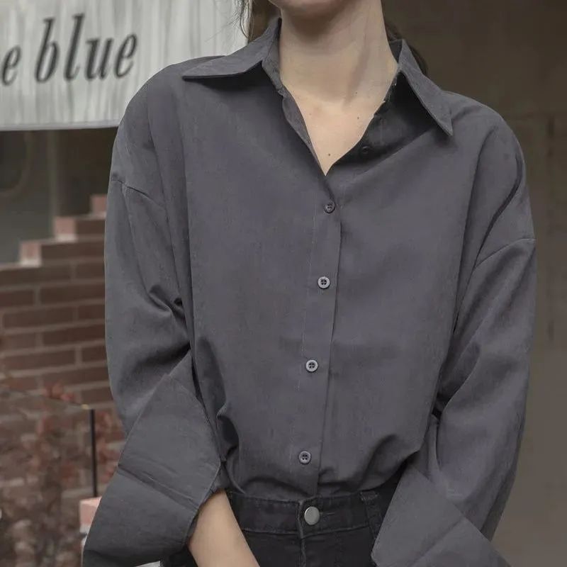 Women Fashion Office Casual Solid Color Long Sleeve Lapel Shirt Blouse