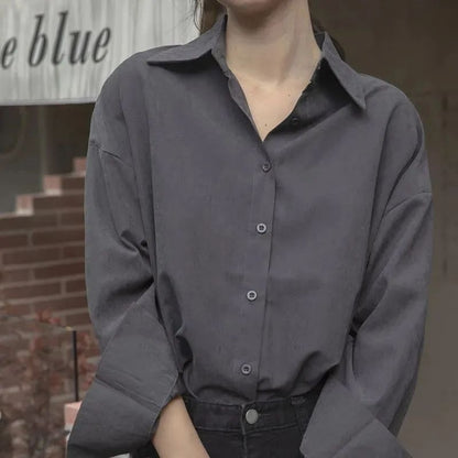 Women Fashion Office Casual Solid Color Long Sleeve Lapel Shirt Blouse