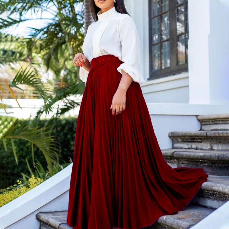 Women Solid Color High Waist Pleated Fashion Casual Loose Long Skirts