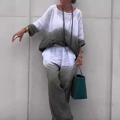 Conjunto de dos piezas de verano para mujer, informal, con degradado, manga larga, pantalones anchos y parte superior