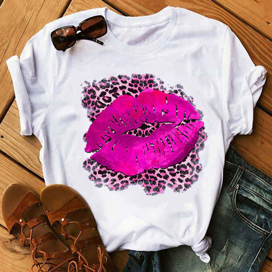 Camiseta informal de manga corta con cuello redondo y estampado de labios para mujer