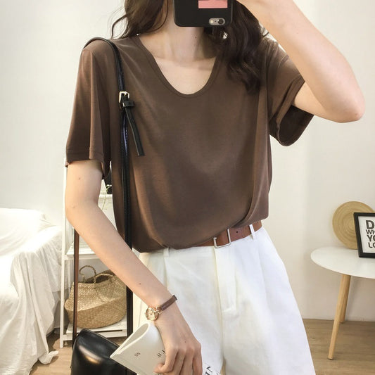 Camiseta holgada informal de color liso con cuello en V y manga corta para mujer