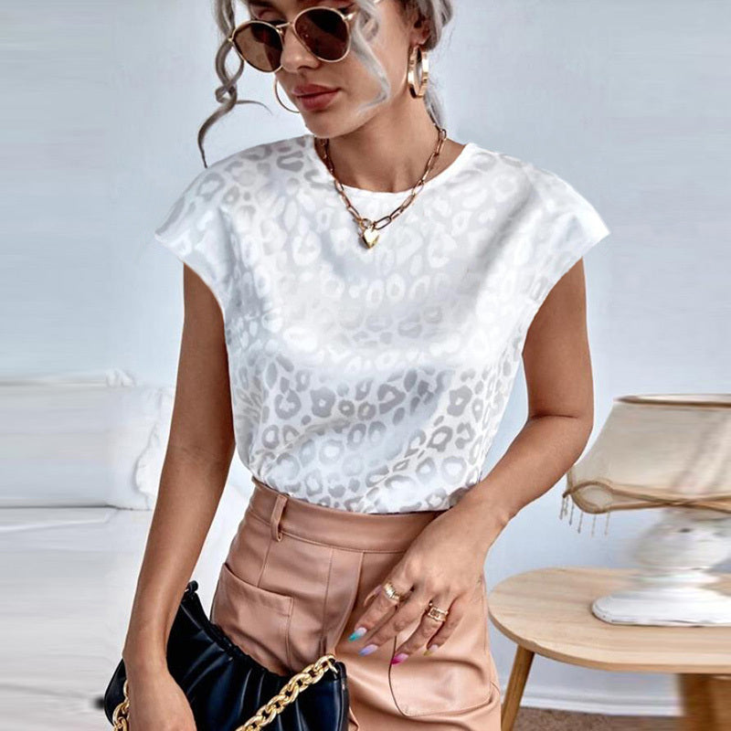 Blusa elegante informal de manga corta con estampado de leopardo y jacquard para mujer, estilo oficina, de verano