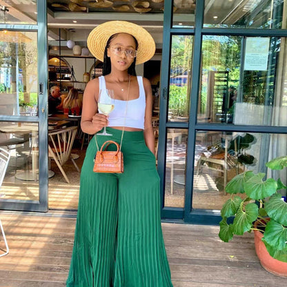 Women Fashion Casual Solid Color Pleated Wide Leg Pants