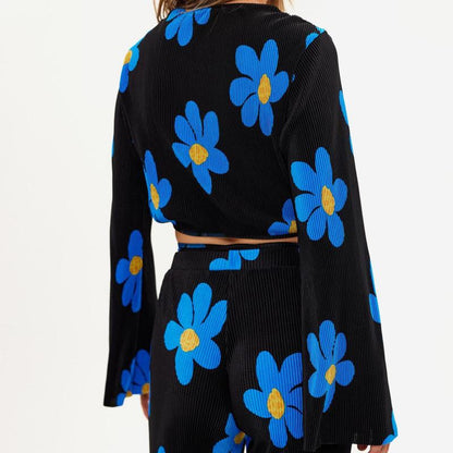 Conjunto de pantalones de manga larga con escote en V profundo y estampado floral informal a la moda para mujer