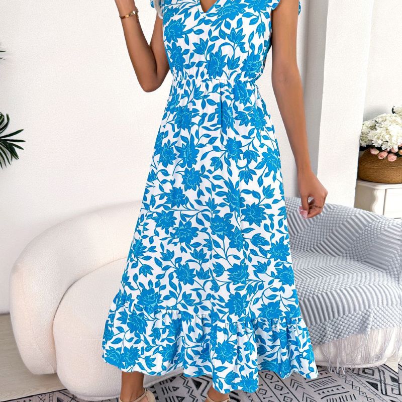 Vestido de fiesta floral con orejeras de madera, informal y de moda para mujer
