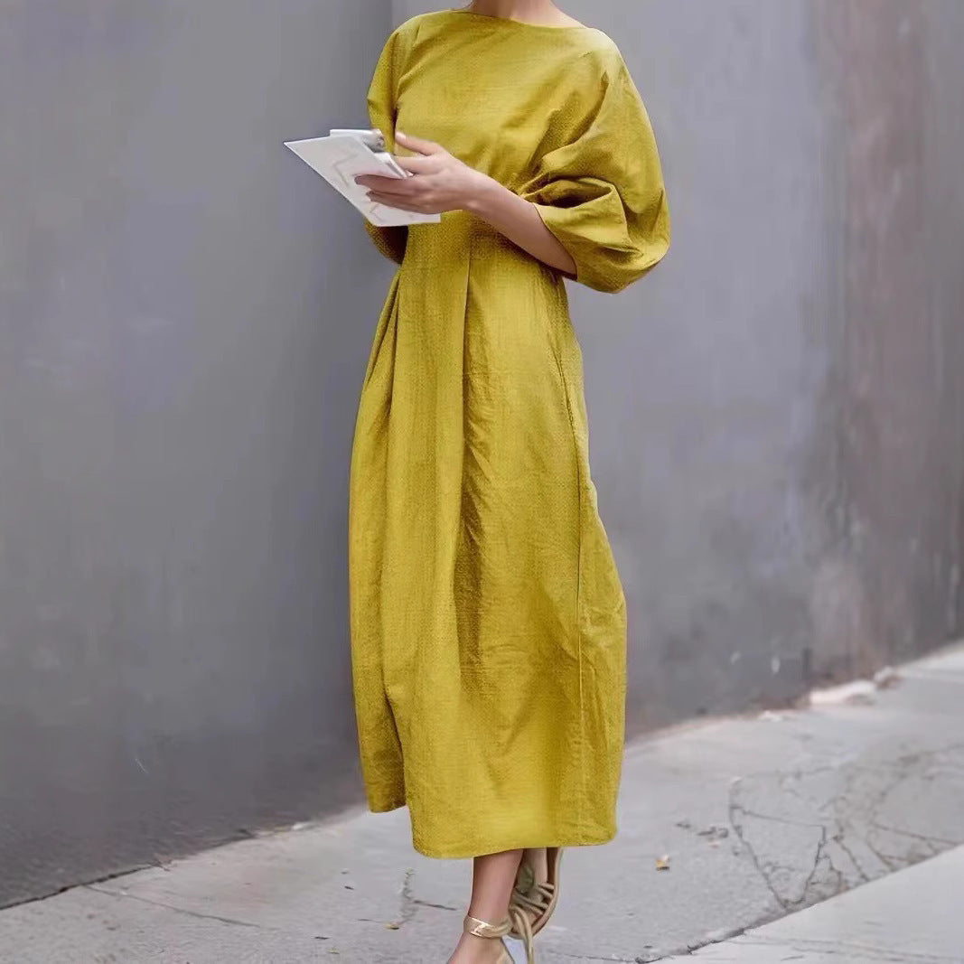 Women Casual Solid Color Loose Puff Sleeve Maxi Dress