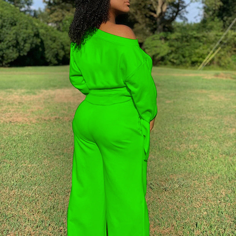 Conjunto de sudadera y pantalones de manga larga de color liso informal a la moda para mujer