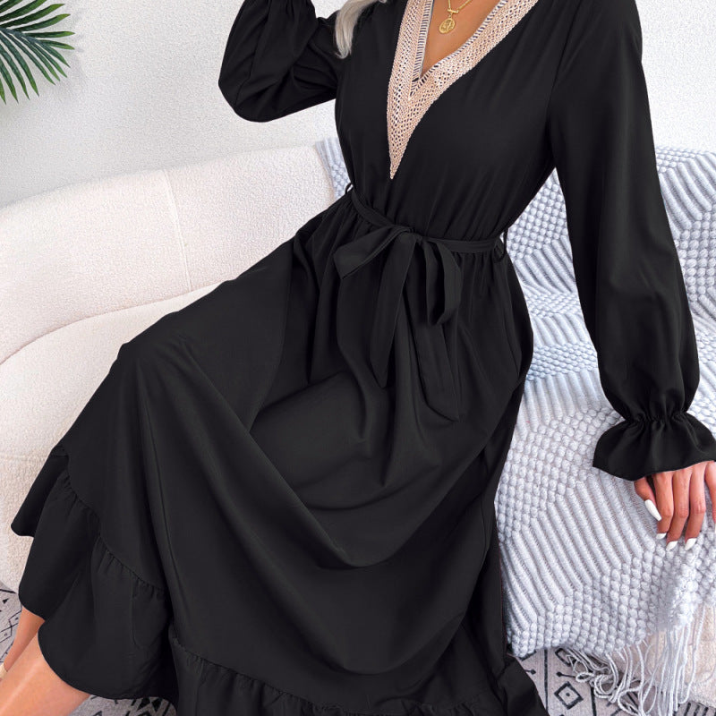 Women Fashion Casual V-Neck Lace Defined Waist Ruffled Dress