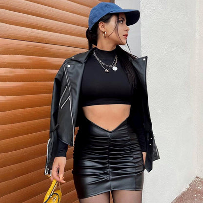Women Solid Color PU Leather High Waist Pleated Fashion Casual Skirt