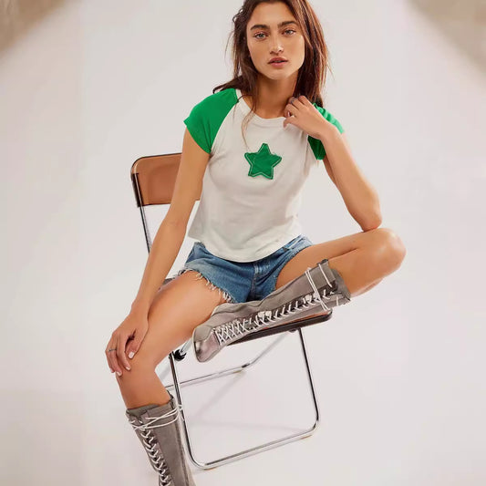 Women Fashion Casual Five-Pointed Star Round Neck Stitching Short-Sleeved T-Shirt