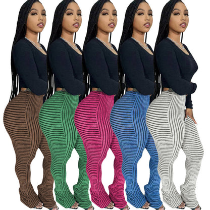 Women Plush Stripe Texture Breathable Large Elastic Fashion Casual Slim-Fit Pants