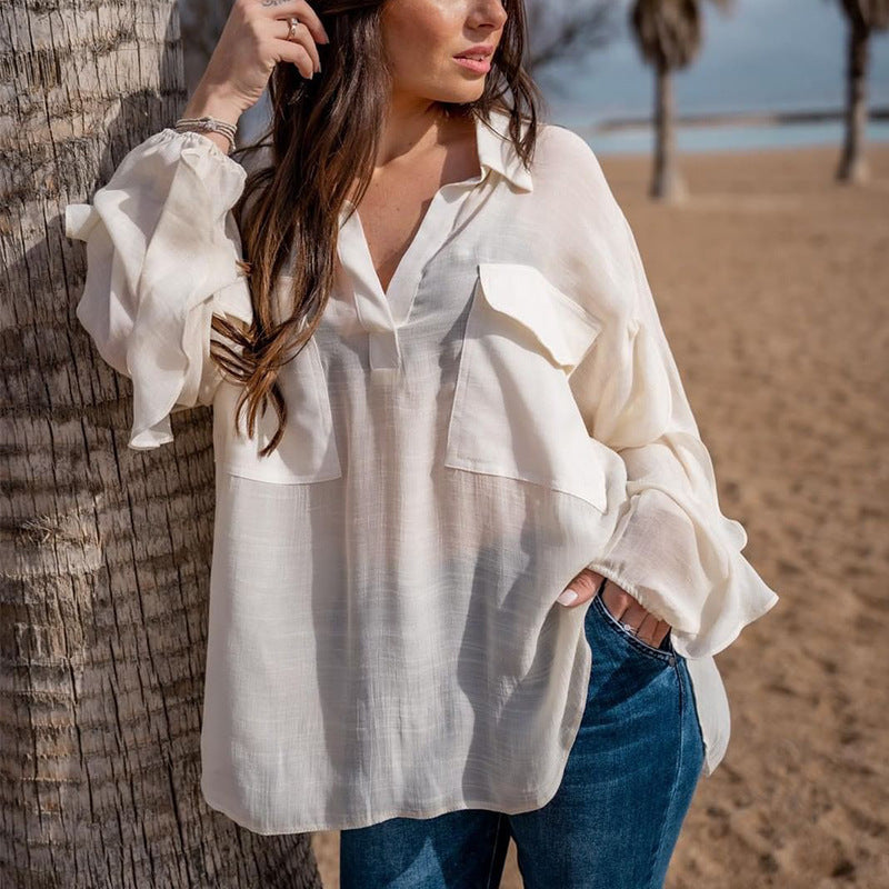 Blusa informal de algodón y lino de color liso con cuello en V y manga larga para mujer
