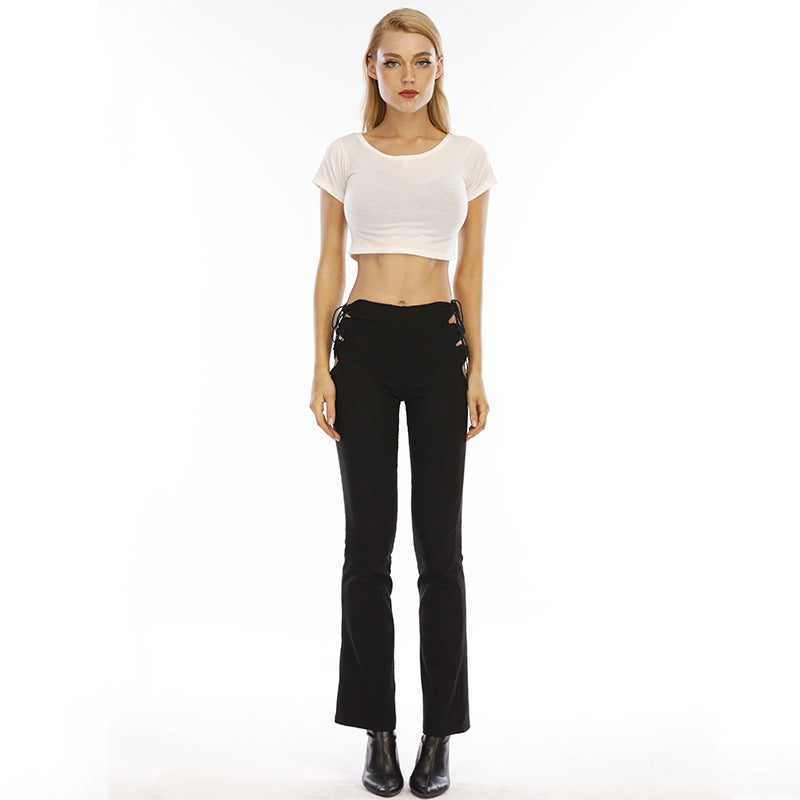 Women Elegant Casual Hollow Out Lace-up Solid Color Flared Pants
