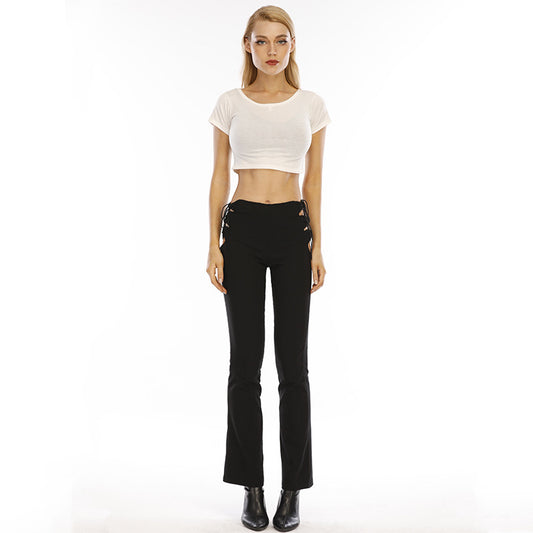 Pantalones acampanados elegantes e informales con cordones y aberturas de color liso para mujer
