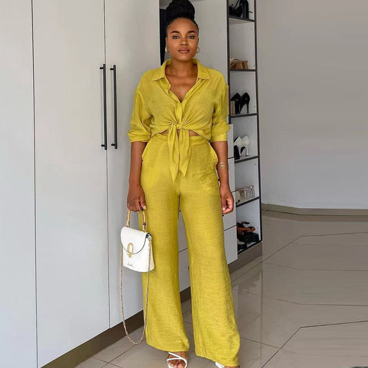 Conjunto de dos piezas formado por camisa, pantalón y top de manga larga con solapa, informal, a la moda para mujer