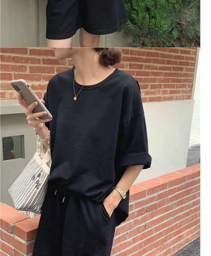 Women Fashion Casual Solid Color Round Neck Short Sleeve Top Shorts Sports Set