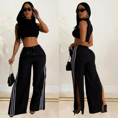 Pantalones casuales de color liso con abertura para mujer