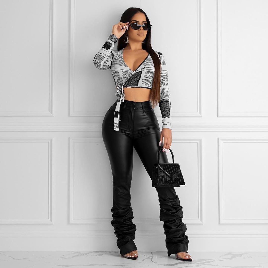 Women Fashion Casual Creased PU Pants