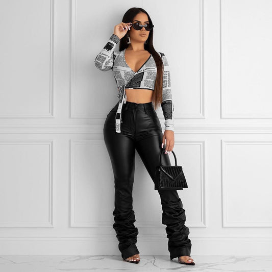 Pantalones casuales de PU con pliegues para mujer