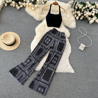 Conjunto de pantalón y top con estampado floral sin mangas informal a la moda para mujer