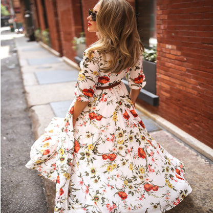 Women Casual Fashion Printed Swing Chiffon Maxi Dress