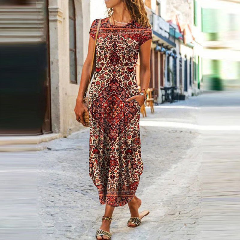 Vestido largo informal de manga corta con cuello redondo y estampado floral geométrico para mujer
