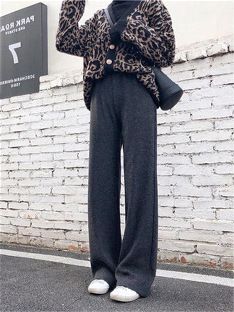 Women Casual Pants Thickened Knitted Wide-Leg High-Waisted Straight-Leg Pendant Long Pants