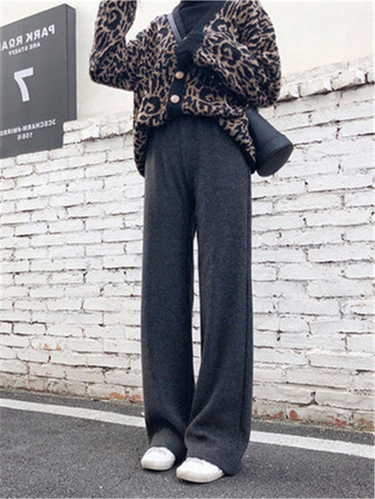 Women Casual Pants Thickened Knitted Wide-Leg High-Waisted Straight-Leg Pendant Long Pants