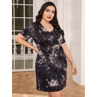 Plus Size Women Casual Loungewear Tie-Dye Print Backless Short Sleeve Dress