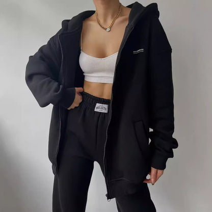 Athleisure Women Long Sleeve Fleece-Lined Zipper Hoodie Sweatpants Casual Sports Set