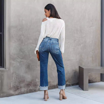 Spring And Summer Washed High Waist Fashion Casual Loose Women Jeans