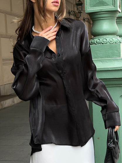 Camisa informal de manga larga con solapa de color liso a la moda para mujer