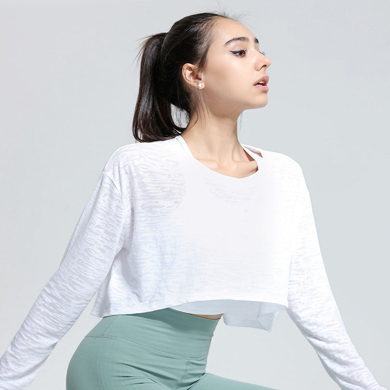 Top deportivo corto informal, holgado, transpirable, de color sólido y manga larga para mujer