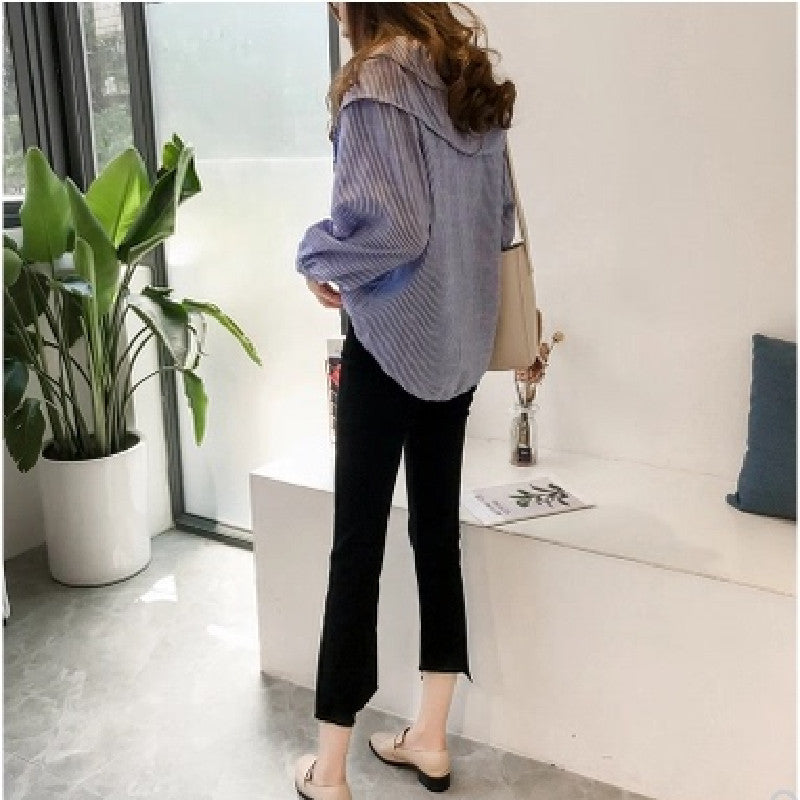 Camisa informal de manga corta con solapa y rayas para mujer, de moda, con un solo pecho