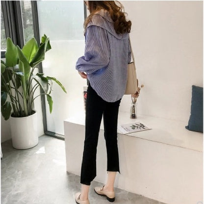 Camisa informal de manga corta con solapa y rayas para mujer, de moda, con un solo pecho