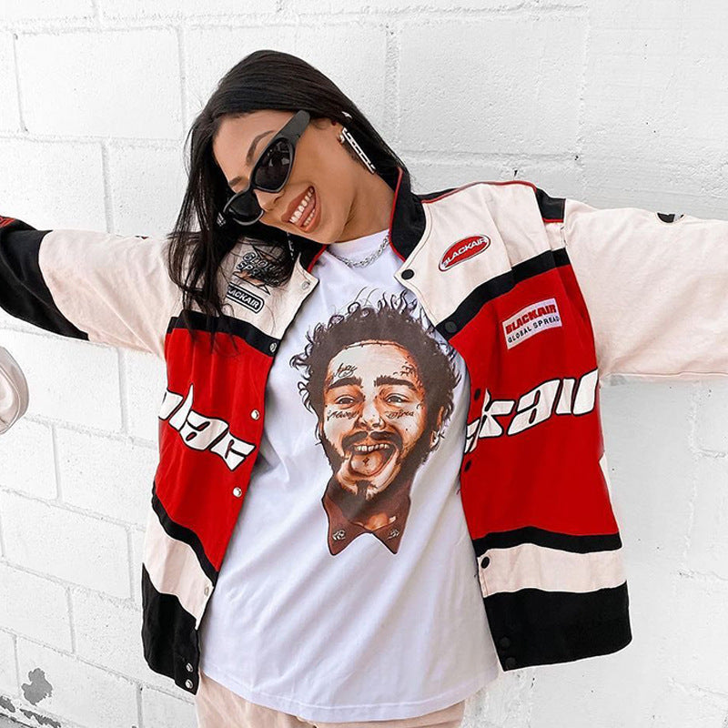 Chaqueta de béisbol de motociclista de manga larga informal con estampado de bloques de color estilo deportivo a la moda para mujer