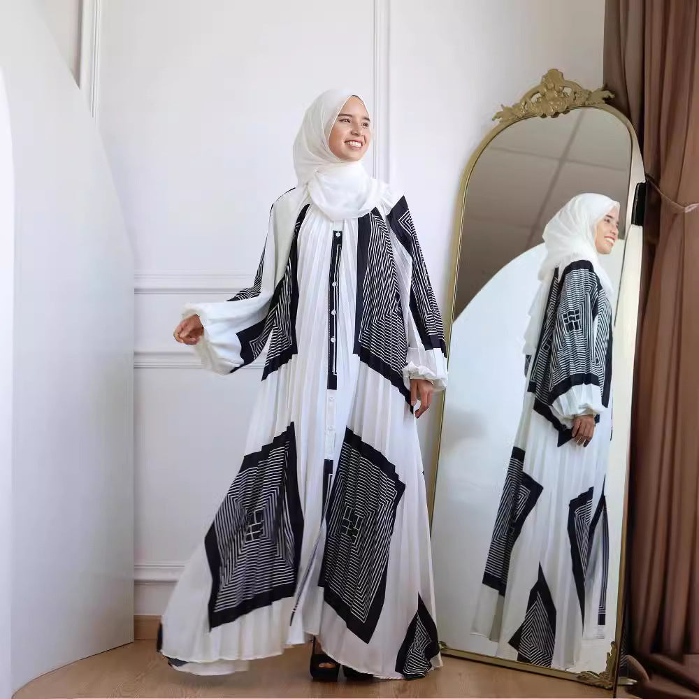 Women Casual Fashion Print Abaya Long Sleeve Maxi Dress