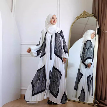 Women Casual Fashion Print Abaya Long Sleeve Maxi Dress