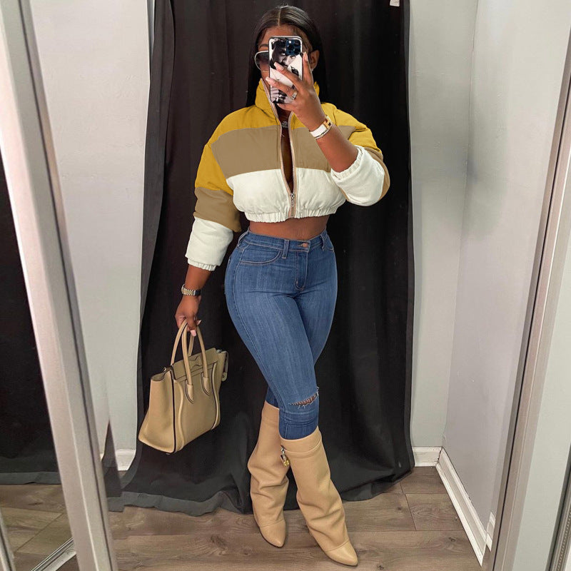 Autumn Winter Women Loose Casual Color-Matching Long-Sleeve Short Cotton-Padded Coat