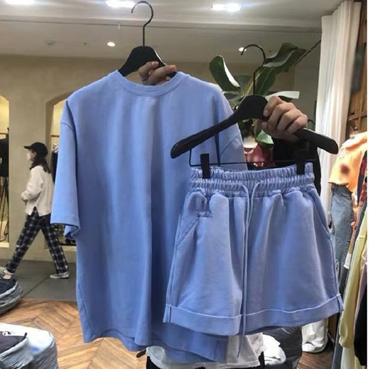 Conjunto deportivo Athleisure para mujer, informal, básico, de verano, color liso, de manga corta, holgado, con camiseta y pantalones cortos