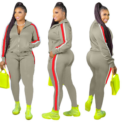 Conjunto de top informal de manga larga con solapa y cremallera para mujer, talla grande, y pantalones ajustados con bloques de color