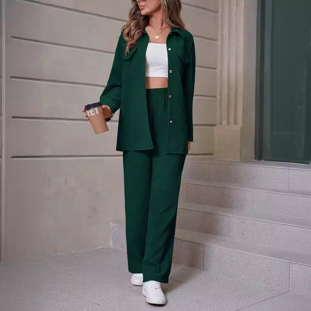 Conjunto de dos piezas de camisa y pantalones de solapa de manga larga de color liso informal para mujer