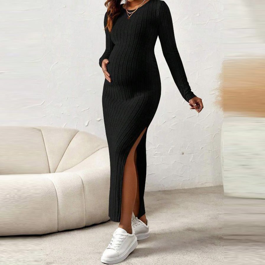 Pregnant Women Fashion Casual Rib Knitted Crewneck Long Sleeve Split Dress