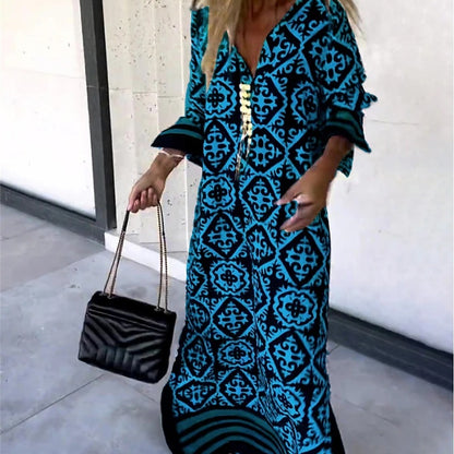 Women Casual Boho Style Geometry Stripe Print Long Sleeve V Neck Loose Maxi Dress