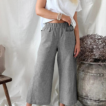 Women'S Fashion Casual Cotton Linen Stripe Loose Wide Leg Pants