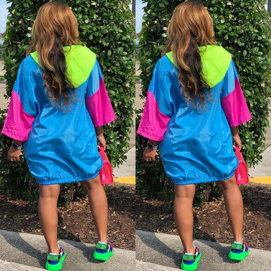 Casual Women Color Blocking Loose Pocket Hooded Dress