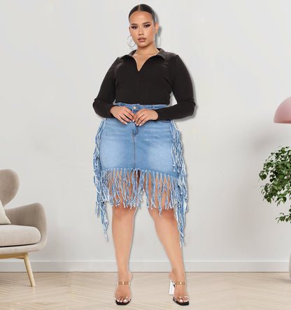 Plus Size Women Casual Solid Color Tassel Denim Skirt