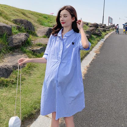 Pregnant Women Fashion Casual Stripe Lapel Short-Sleeve Loose Dress
