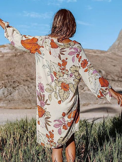 Bata de playa informal de manga larga con estampado floral y solapa para mujer